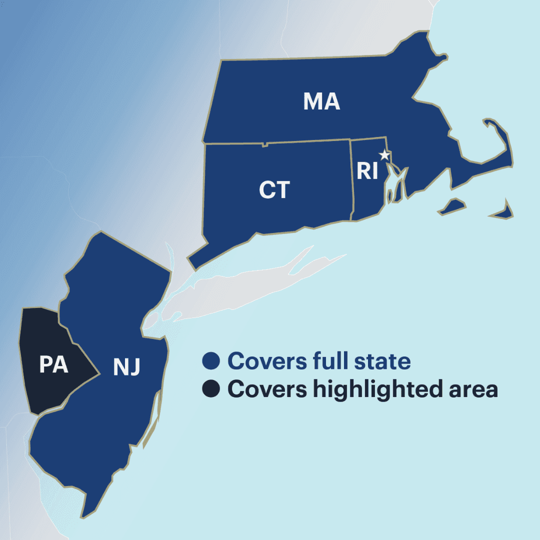 Global Roofing coverage map showing service areas across Massachusetts, Rhode Island, Connecticut, New Jersey, and Pennsylvania
