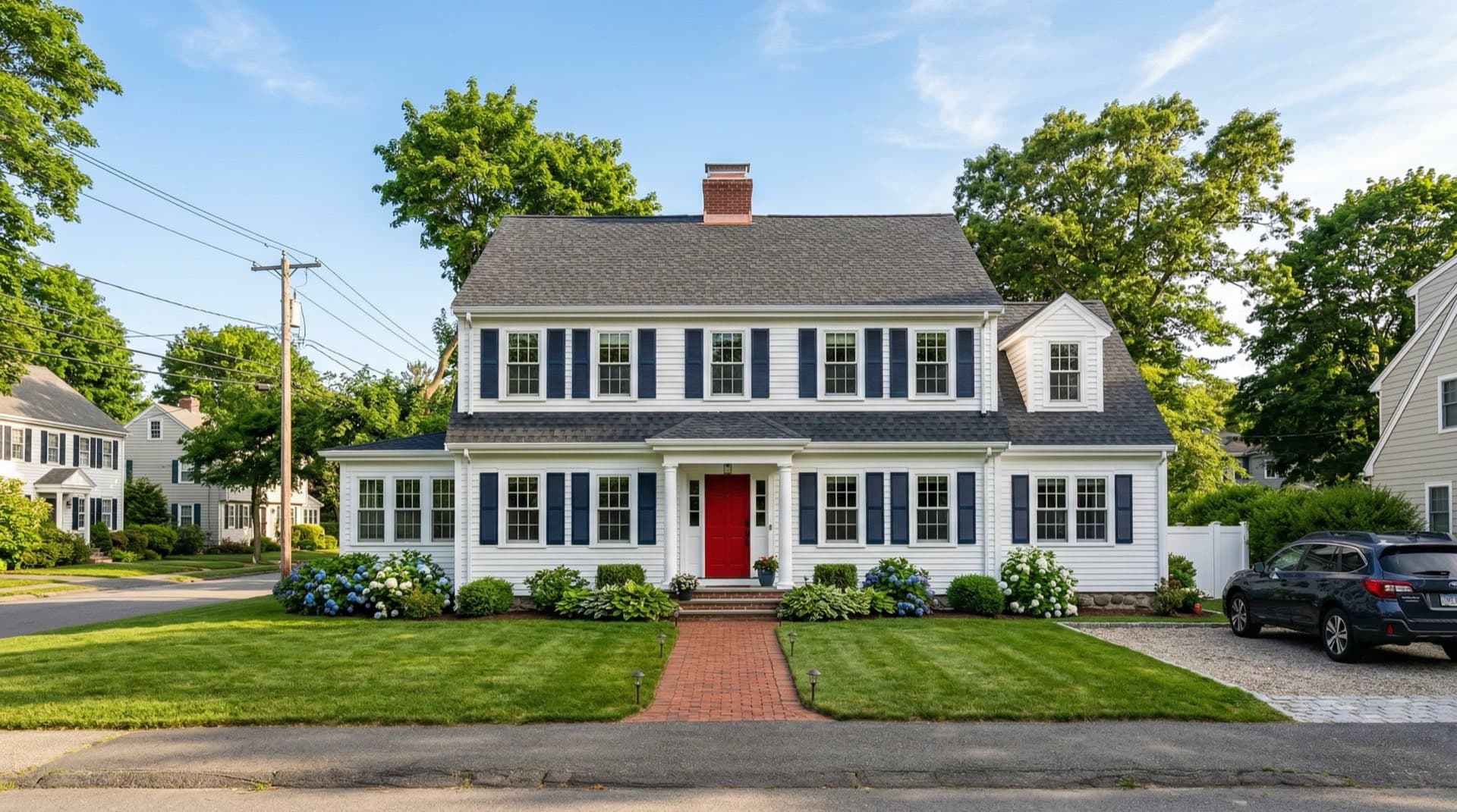 Suburban Massachusetts Colonial home with new architectural shingle roof